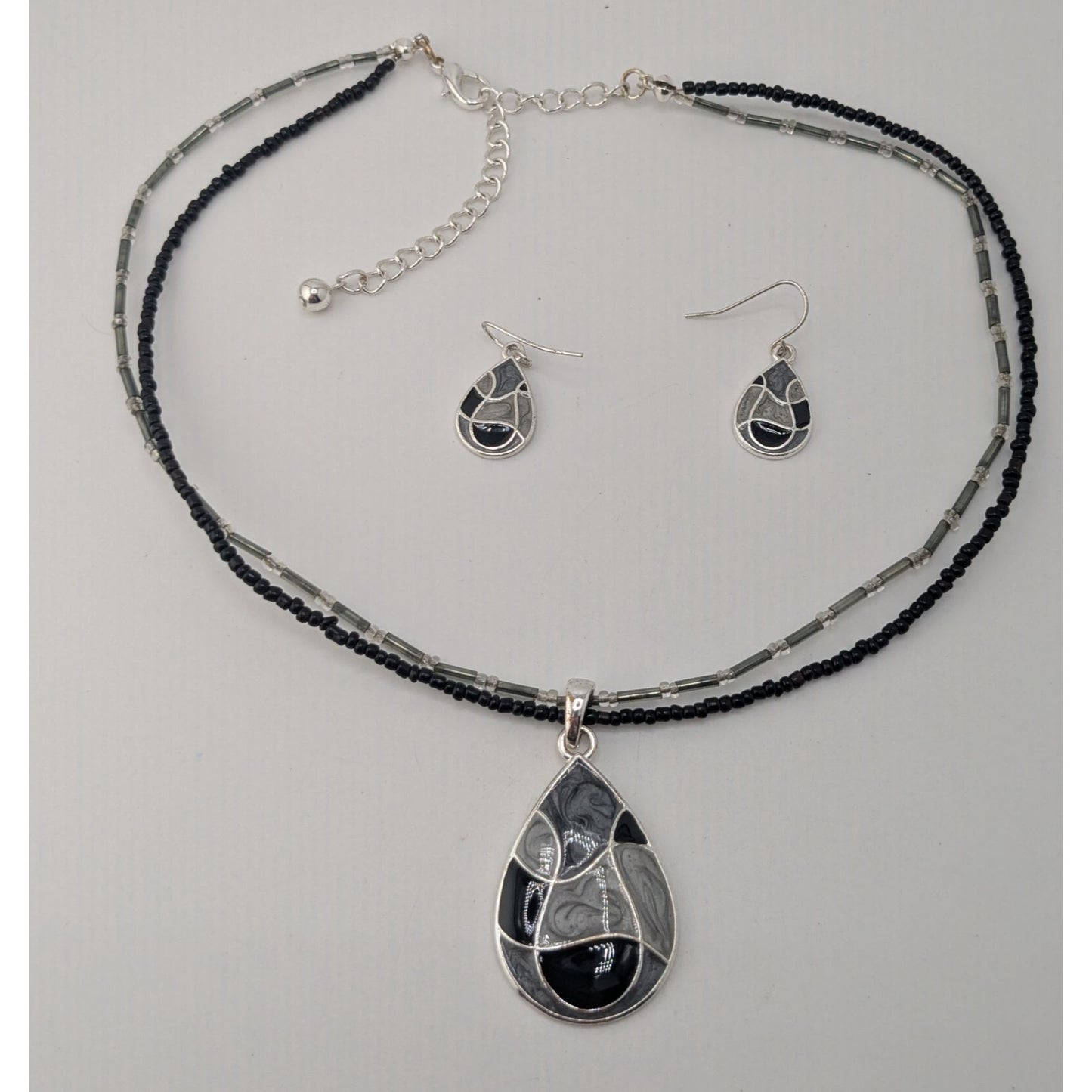 Goth Vintage Kenneth Cole Black Enamel Teardrop Necklace Earrings Set