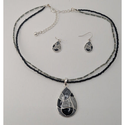 Goth Vintage Kenneth Cole Black Enamel Teardrop Necklace Earrings Set