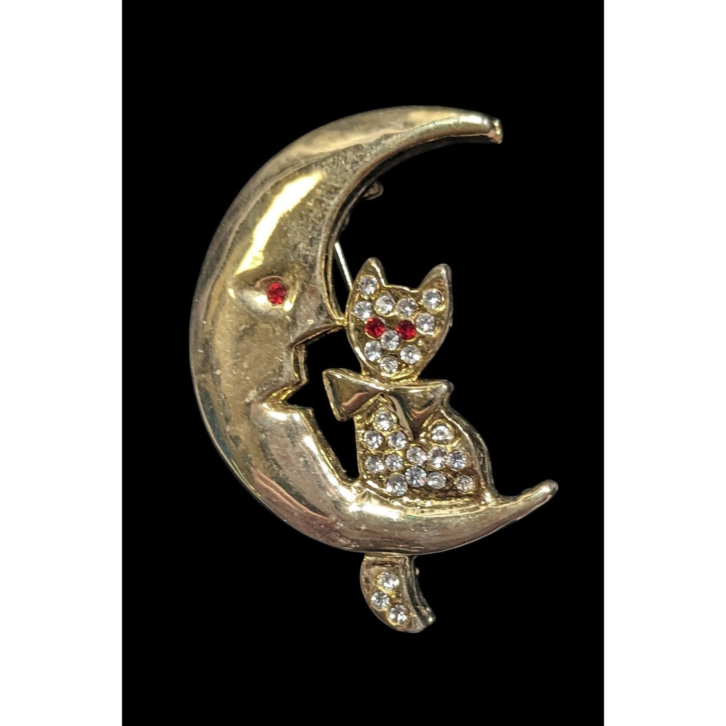 Moon And Cat Gold Tone Brooch With Rhinestone Accents