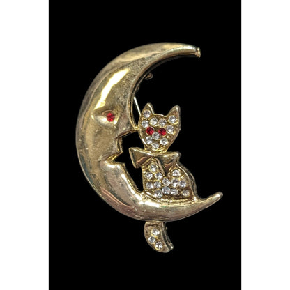 Moon And Cat Gold Tone Brooch With Rhinestone Accents