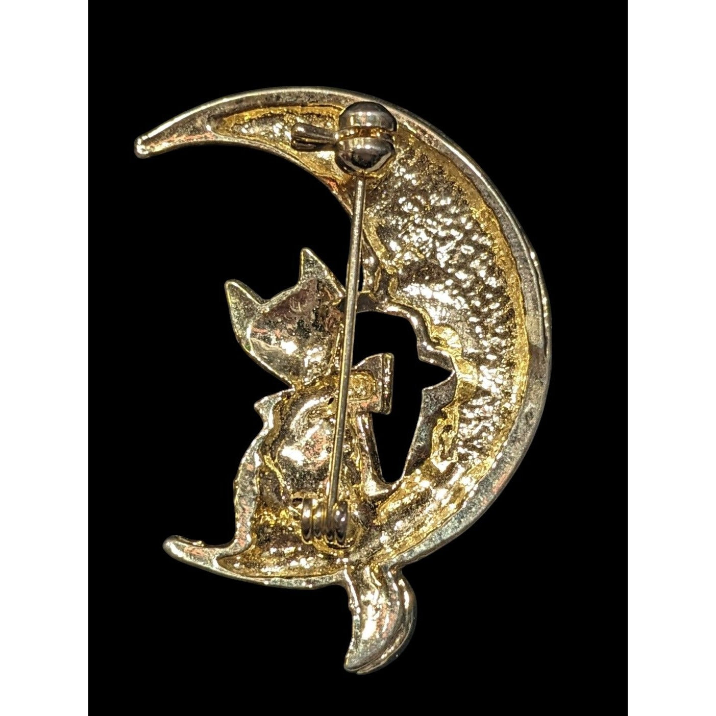 Moon And Cat Gold Tone Brooch With Rhinestone Accents