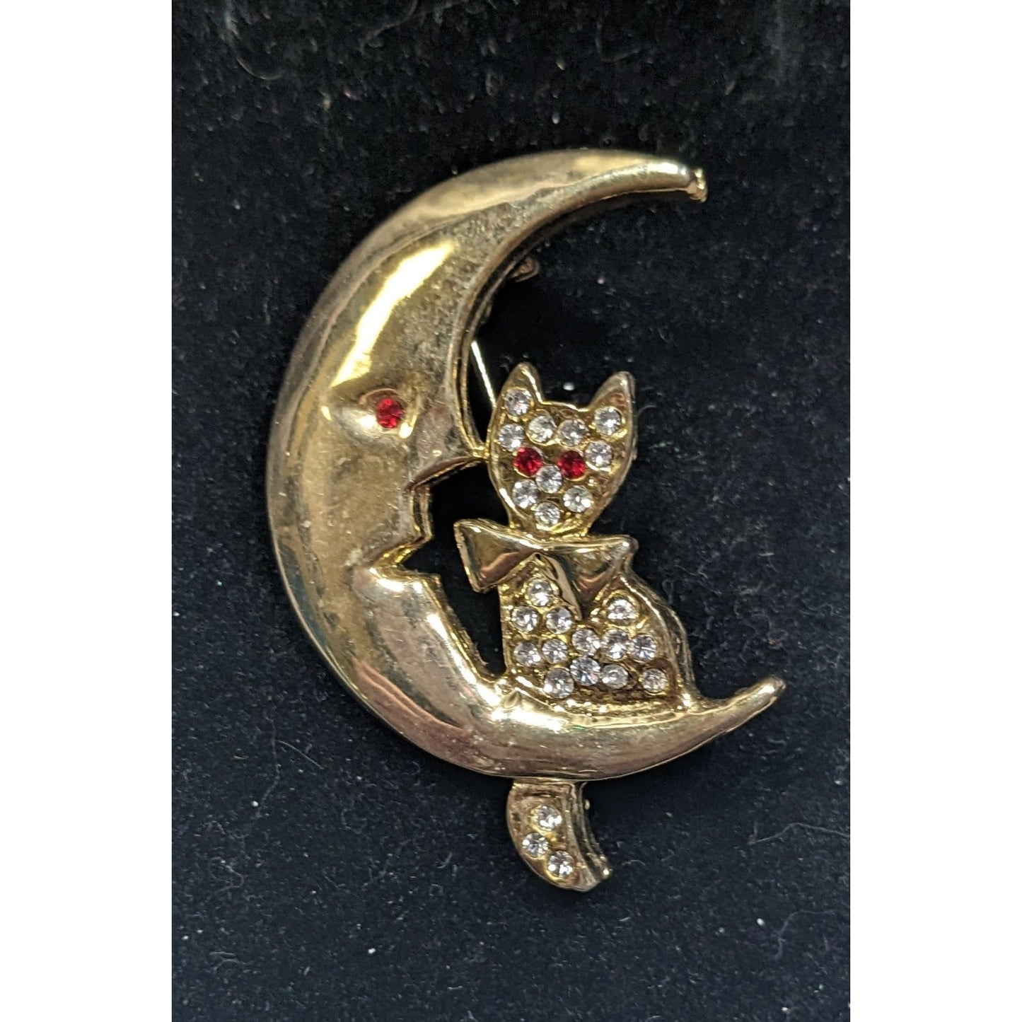 Moon And Cat Gold Tone Brooch With Rhinestone Accents