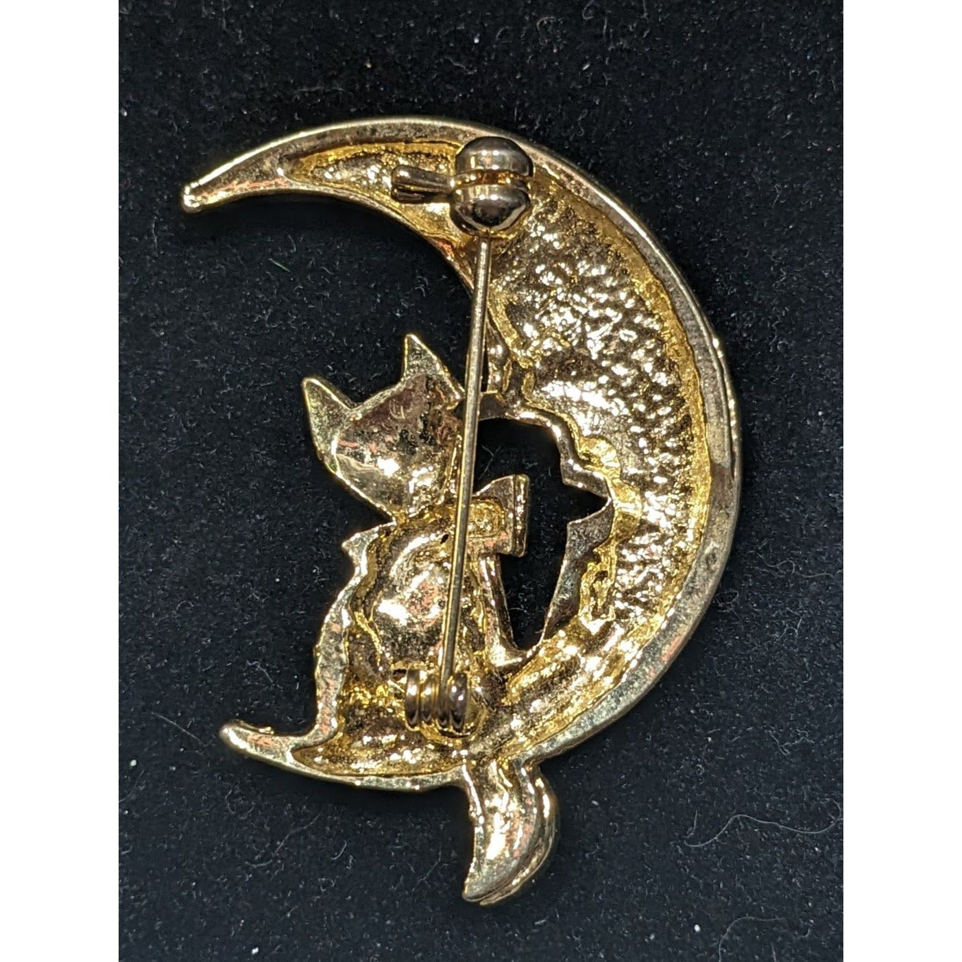 Moon And Cat Gold Tone Brooch With Rhinestone Accents