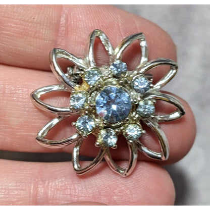 Vintage Blue And Silver Star Flower Rhinestone Brooch