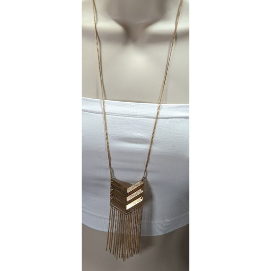 Chevron Gold-Tone Long Necklace With Fringe
