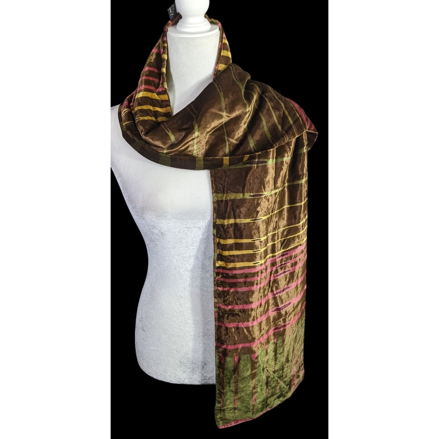 Vintage Georgina Von Etzdorf Velvet Scarf Made In England Striped Pattern Brown Pink Green 66"x10"