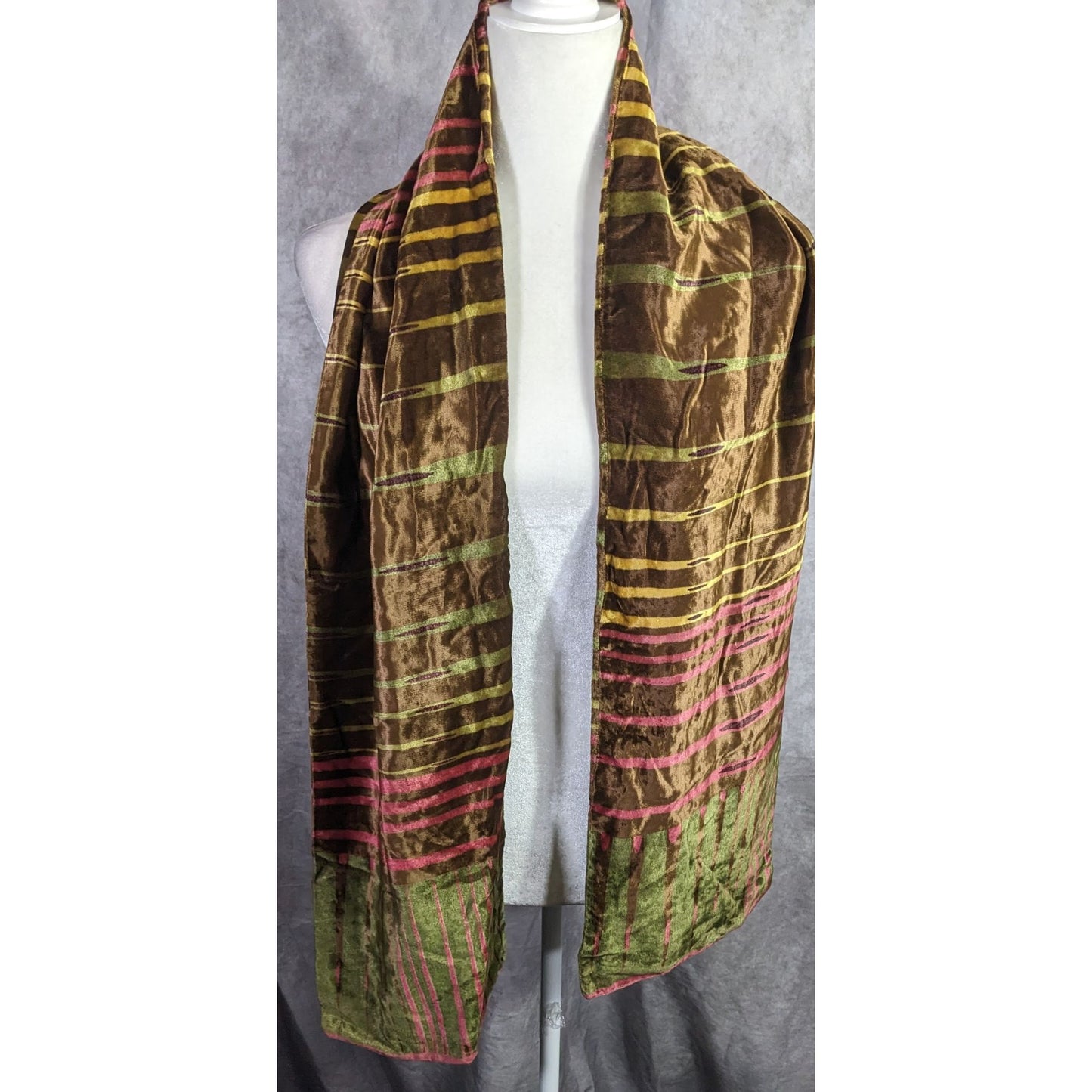 Vintage Georgina Von Etzdorf Velvet Scarf Made In England Striped Pattern Brown Pink Green 66"x10"