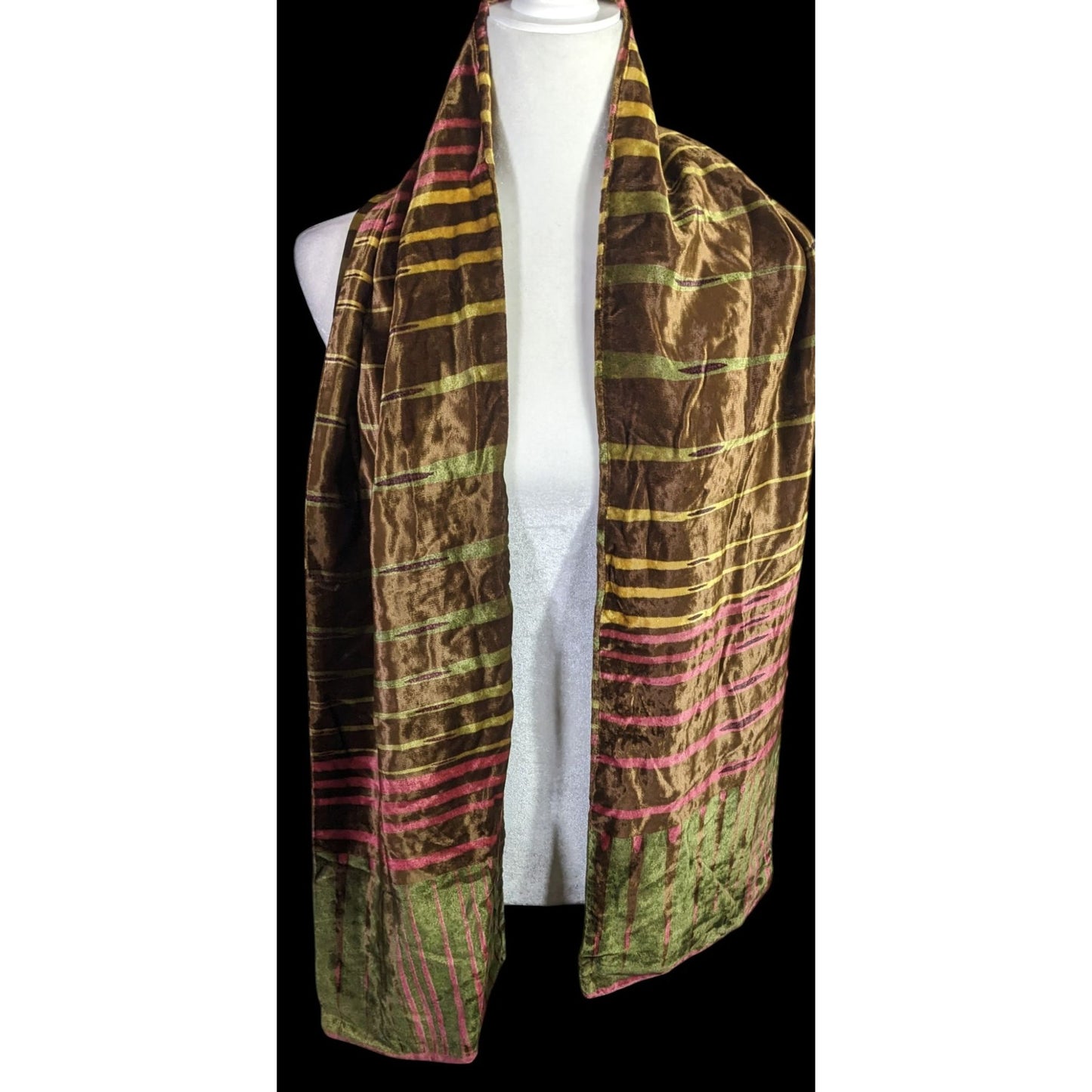 Vintage Georgina Von Etzdorf Velvet Scarf Made In England Striped Pattern Brown Pink Green 66"x10"