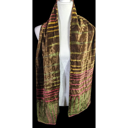 Vintage Georgina Von Etzdorf Velvet Scarf Made In England Striped Pattern Brown Pink Green 66"x10"