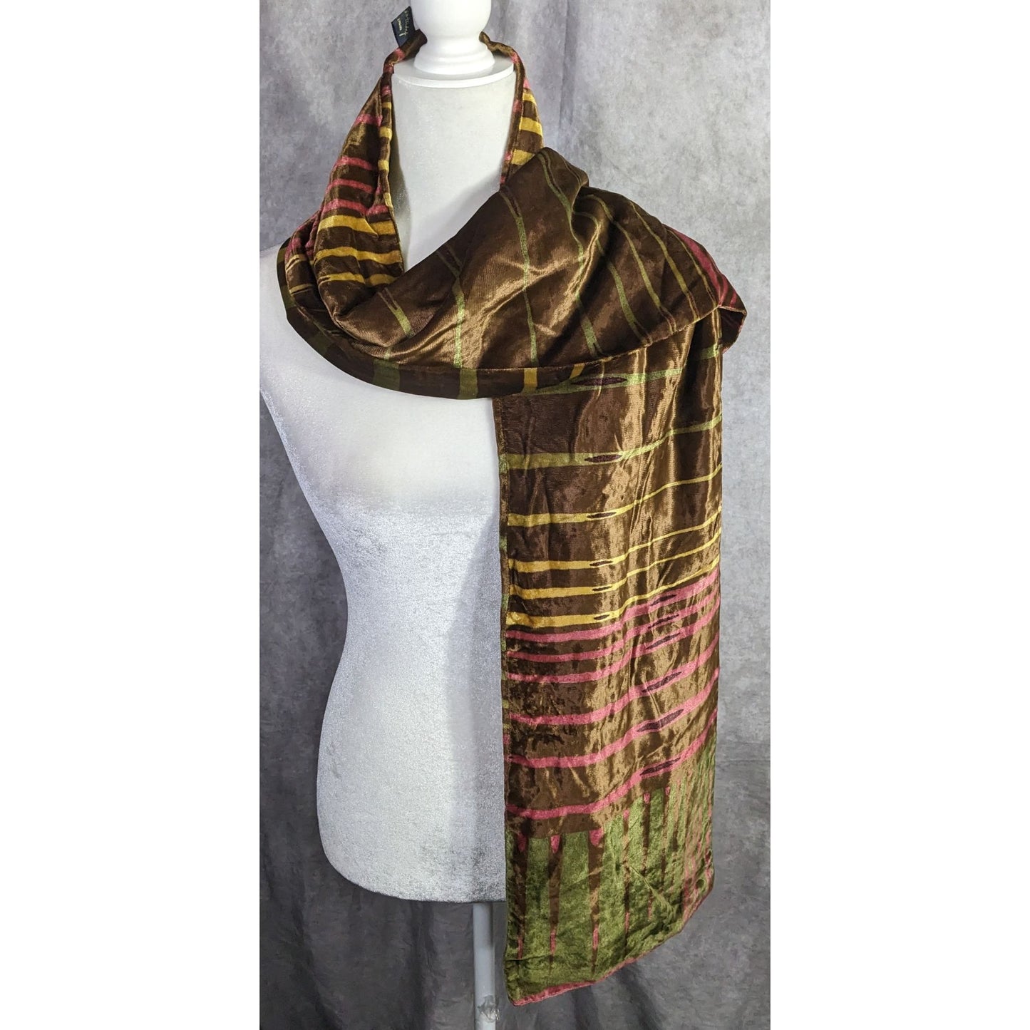 Vintage Georgina Von Etzdorf Velvet Scarf Made In England Striped Pattern Brown Pink Green 66"x10"