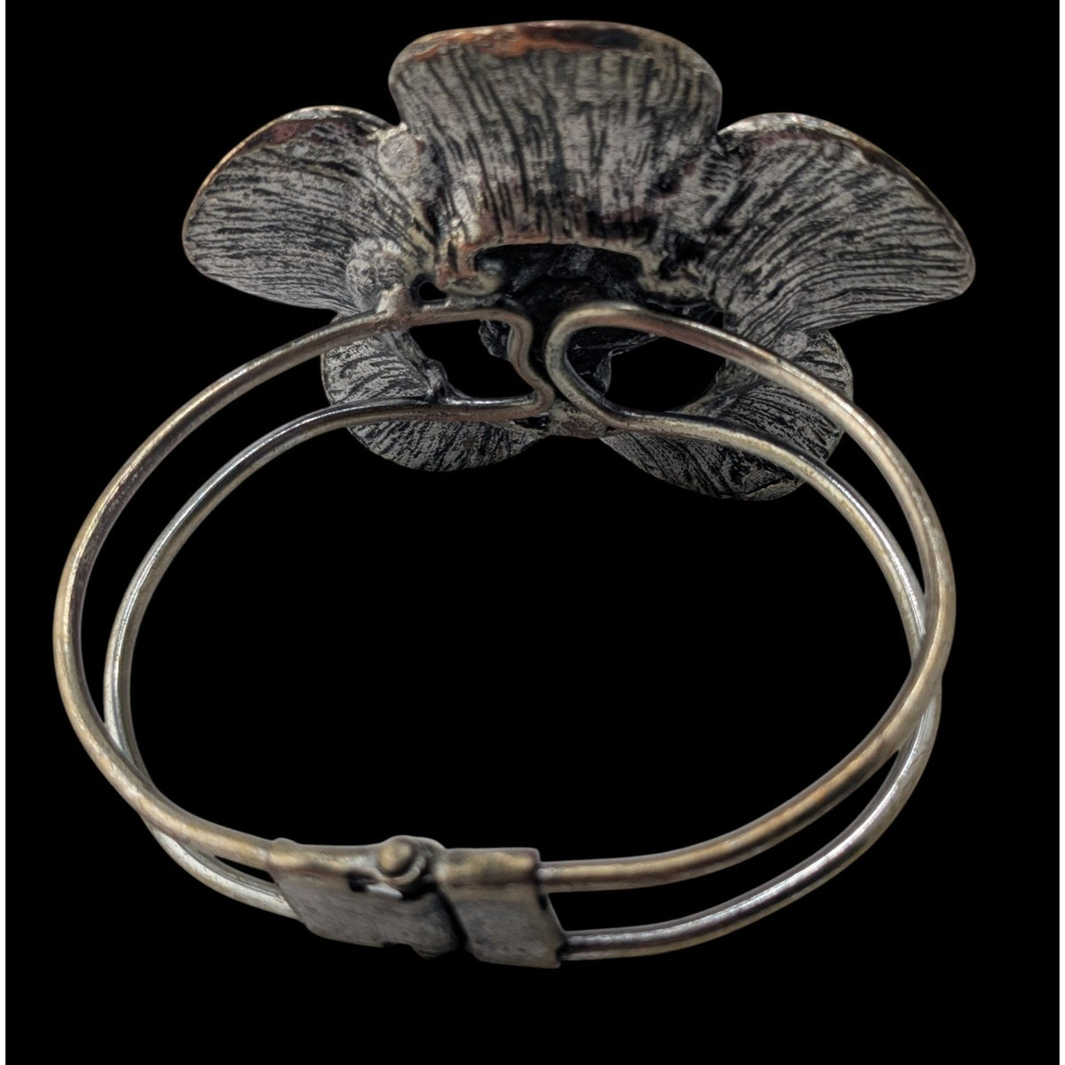 Boho MCM Vintage Silver Tone Sculptural Rose Flower Hinged Bangle Bracelet