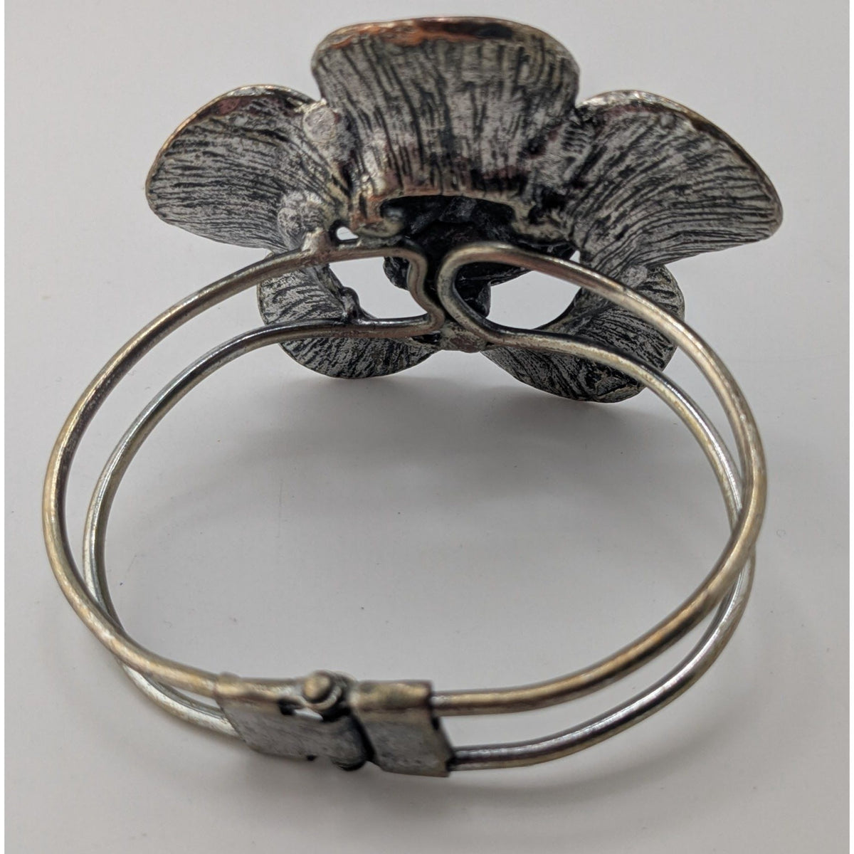 Boho MCM Vintage Silver Tone Sculptural Rose Flower Hinged Bangle Bracelet