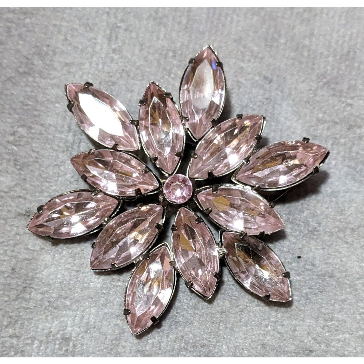 Vintage Pastel Pink Gunmetal Floral Gemmed Brooch