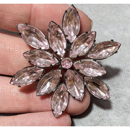 Vintage Pastel Pink Gunmetal Floral Gemmed Brooch