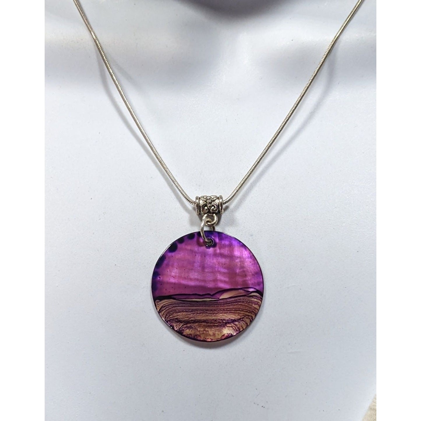Artisan Signed Dyed Purple Shell Disc Necklace