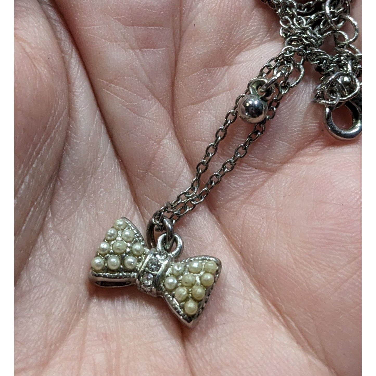 Vintage Dainty Bow Pendant Necklace With Faux Pearls & Rhinestones On Adjustable Chain