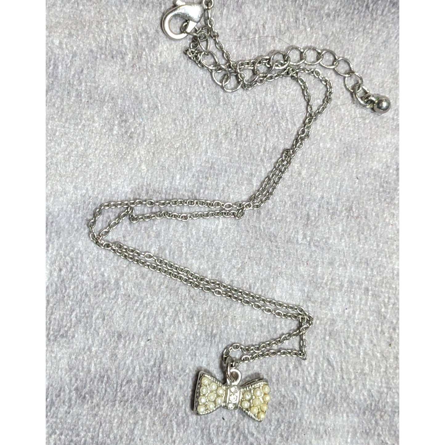 Vintage Dainty Bow Pendant Necklace With Faux Pearls & Rhinestones On Adjustable Chain