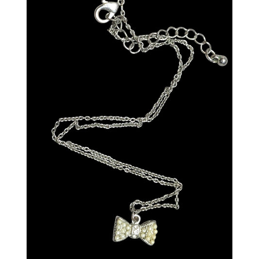 Vintage Dainty Bow Pendant Necklace With Faux Pearls & Rhinestones On Adjustable Chain