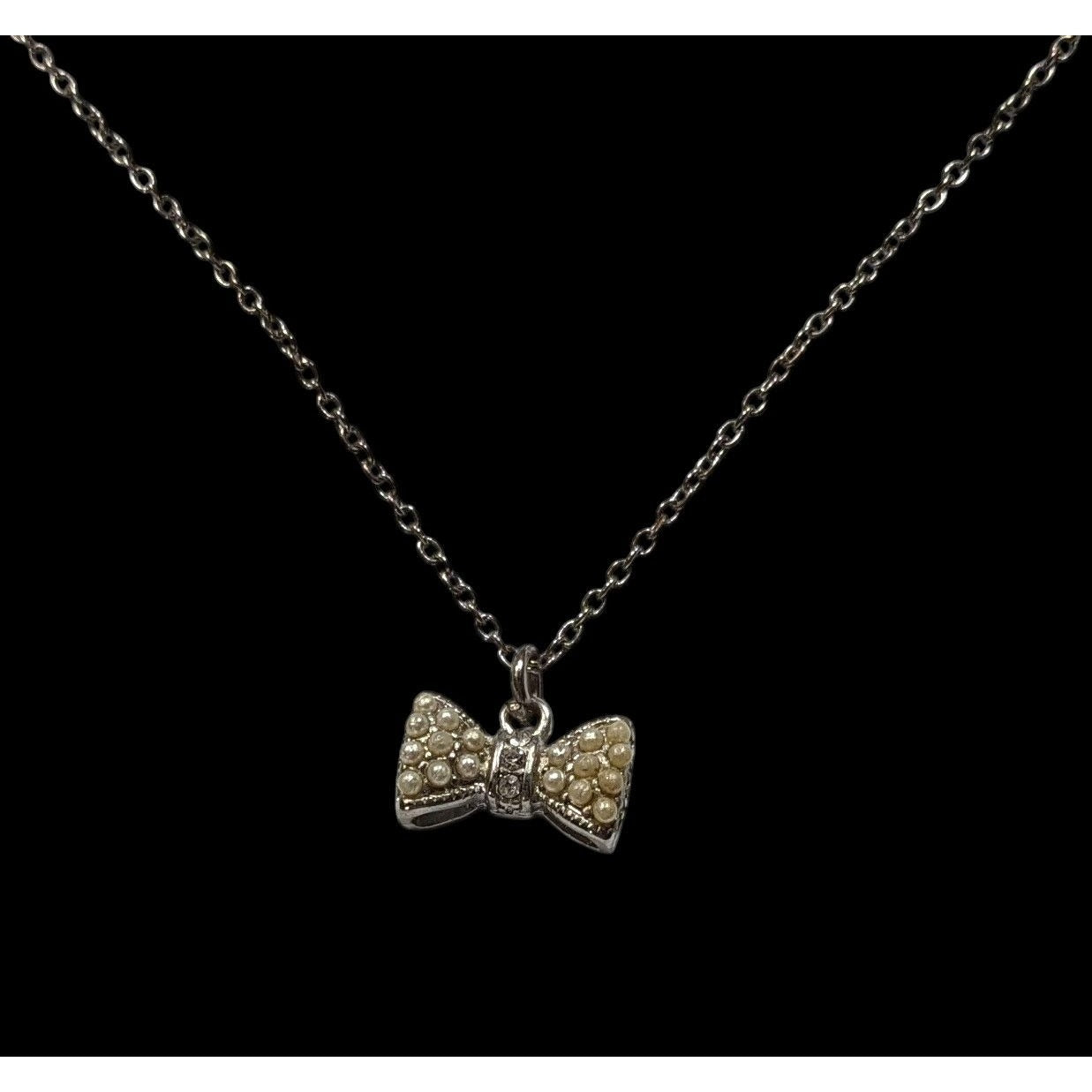 Vintage Dainty Bow Pendant Necklace With Faux Pearls & Rhinestones On Adjustable Chain