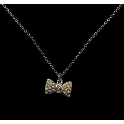Vintage Dainty Bow Pendant Necklace With Faux Pearls & Rhinestones On Adjustable Chain