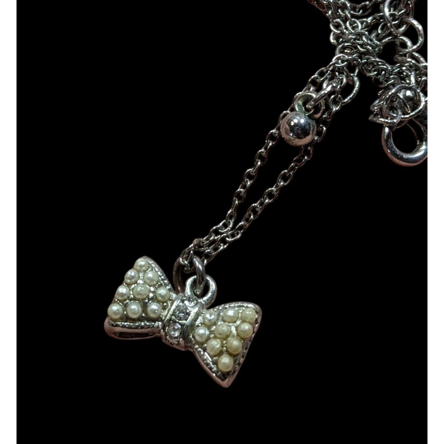 Vintage Dainty Bow Pendant Necklace With Faux Pearls & Rhinestones On Adjustable Chain