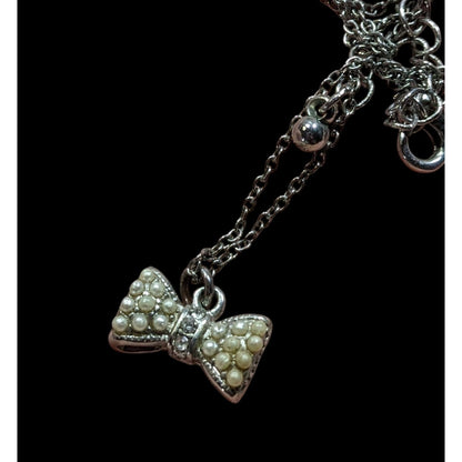 Vintage Dainty Bow Pendant Necklace With Faux Pearls & Rhinestones On Adjustable Chain