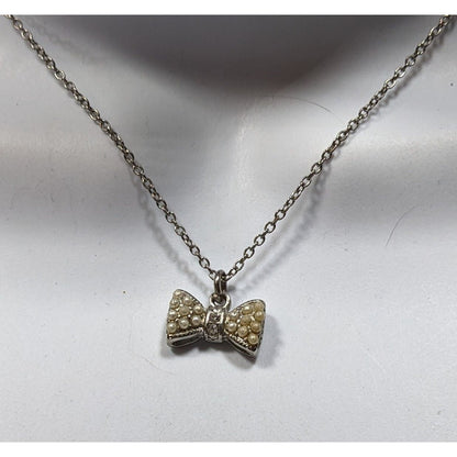 Vintage Dainty Bow Pendant Necklace With Faux Pearls & Rhinestones On Adjustable Chain