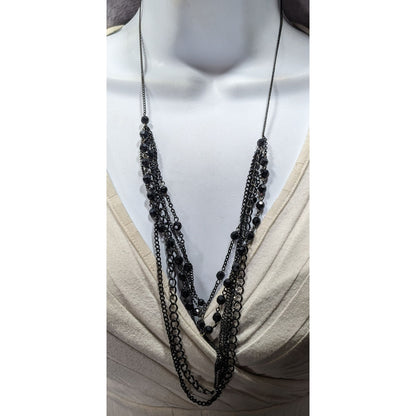 Gothic Black Multi-Layer Chain Necklace With Faceted Beads & Lobster Clasp Closure