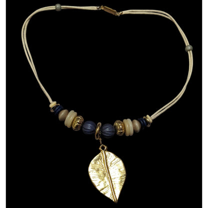 Hippie Bohemian Gold Tone Leaf Pendant Beaded Nature Inspired Necklace