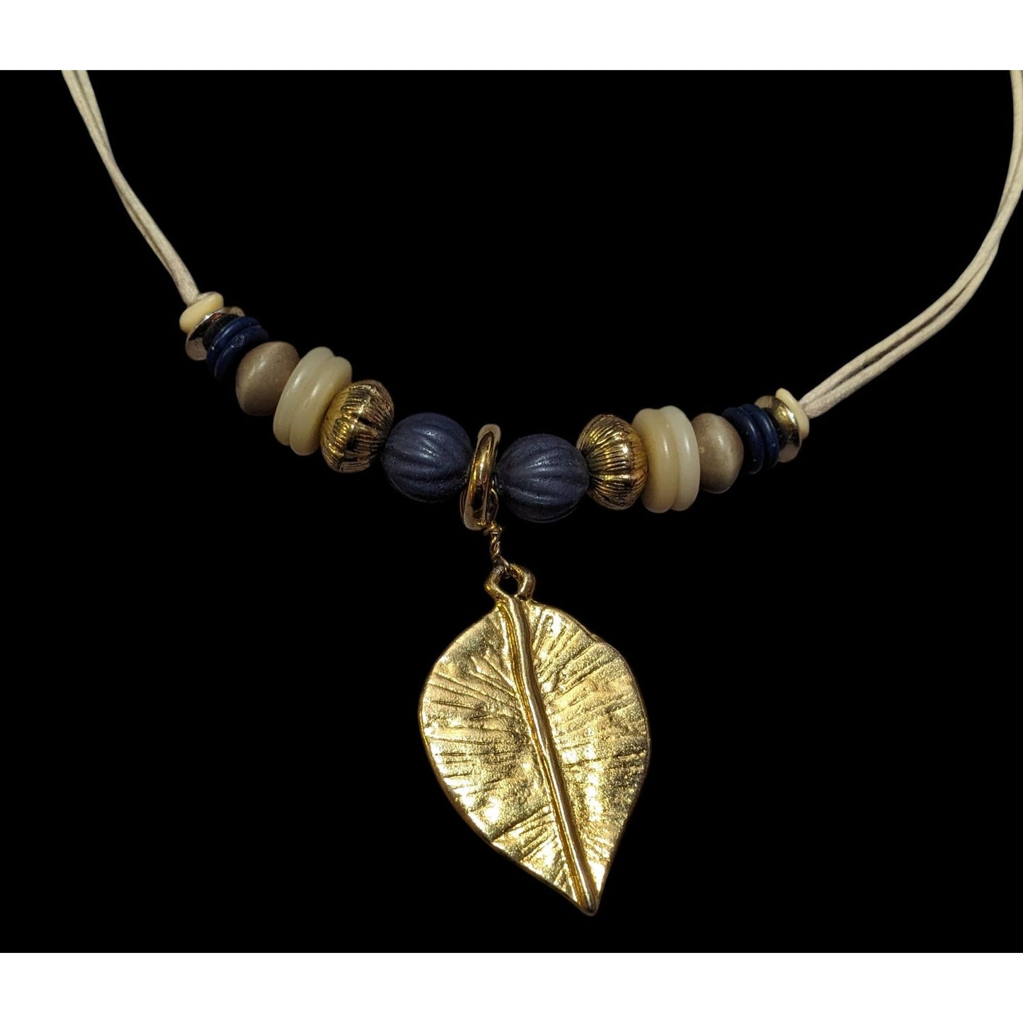 Hippie Bohemian Gold Tone Leaf Pendant Beaded Nature Inspired Necklace