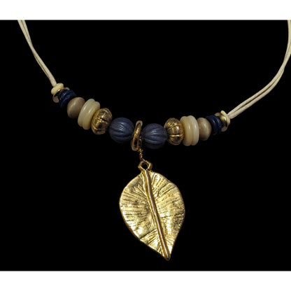 Hippie Bohemian Gold Tone Leaf Pendant Beaded Nature Inspired Necklace