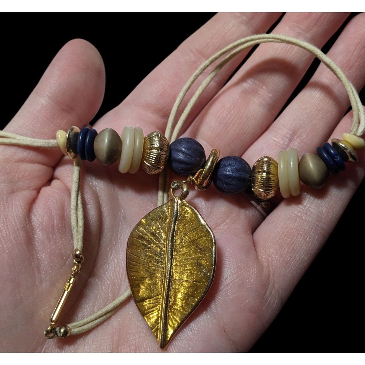 Hippie Bohemian Gold Tone Leaf Pendant Beaded Nature Inspired Necklace