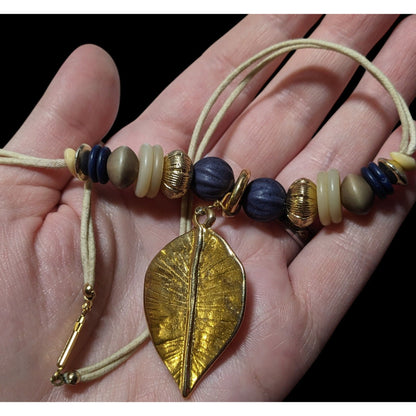 Hippie Bohemian Gold Tone Leaf Pendant Beaded Nature Inspired Necklace