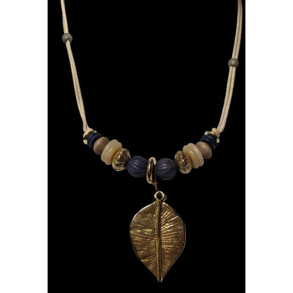 Hippie Bohemian Gold Tone Leaf Pendant Beaded Nature Inspired Necklace