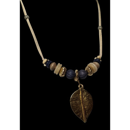 Hippie Bohemian Gold Tone Leaf Pendant Beaded Nature Inspired Necklace