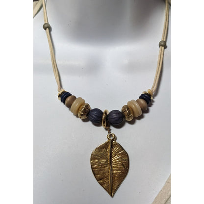 Hippie Bohemian Gold Tone Leaf Pendant Beaded Nature Inspired Necklace