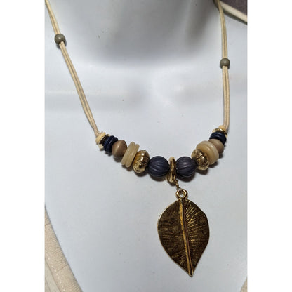 Hippie Bohemian Gold Tone Leaf Pendant Beaded Nature Inspired Necklace