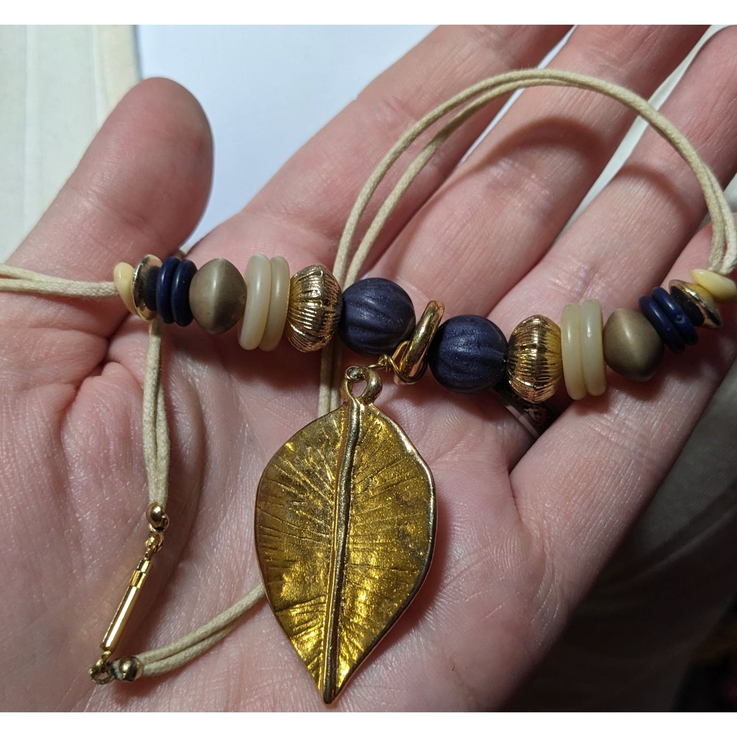 Hippie Bohemian Gold Tone Leaf Pendant Beaded Nature Inspired Necklace