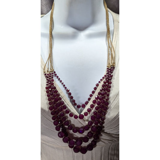 Elegant Layered Plum Purple Beaded Necklace On Gold Tone Chain