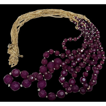 Elegant Layered Plum Purple Beaded Necklace On Gold Tone Chain