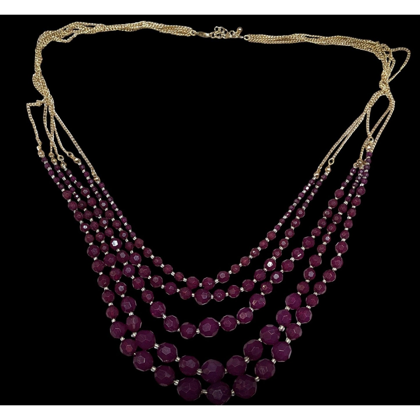 Elegant Layered Plum Purple Beaded Necklace On Gold Tone Chain