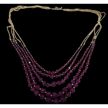 Elegant Layered Plum Purple Beaded Necklace On Gold Tone Chain