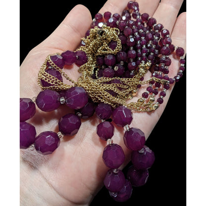 Elegant Layered Plum Purple Beaded Necklace On Gold Tone Chain