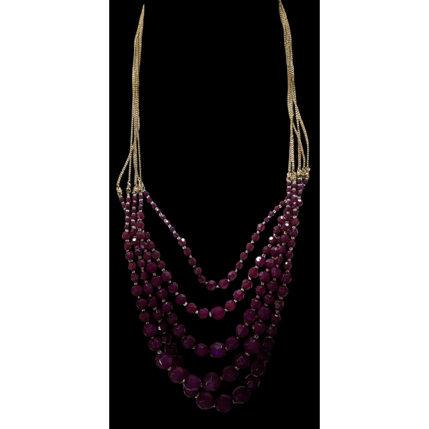Elegant Layered Plum Purple Beaded Necklace On Gold Tone Chain