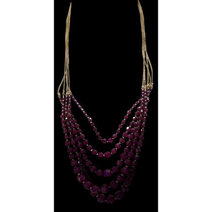 Elegant Layered Plum Purple Beaded Necklace On Gold Tone Chain