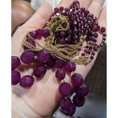 Elegant Layered Plum Purple Beaded Necklace On Gold Tone Chain