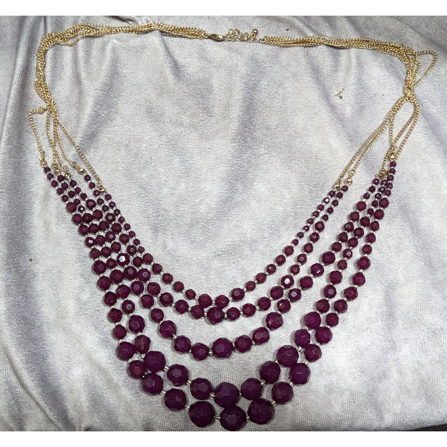 Elegant Layered Plum Purple Beaded Necklace On Gold Tone Chain