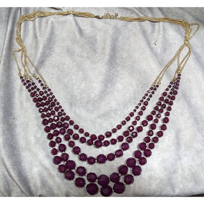 Elegant Layered Plum Purple Beaded Necklace On Gold Tone Chain
