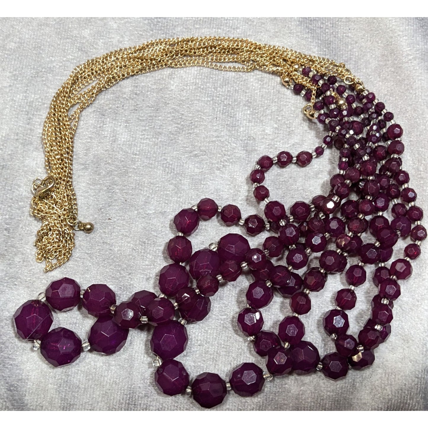 Elegant Layered Plum Purple Beaded Necklace On Gold Tone Chain