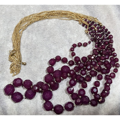 Elegant Layered Plum Purple Beaded Necklace On Gold Tone Chain